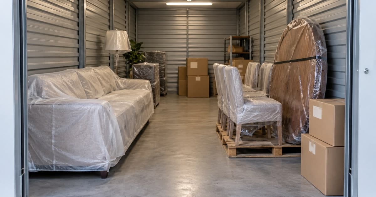 Protected sofa, chairs and boxes arranged with a clear aisle in an indoor furniture-storage unit