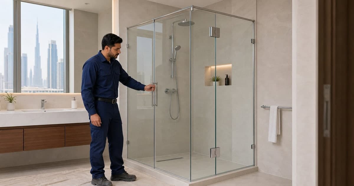 Technician beside a full-height shower glass enclosure