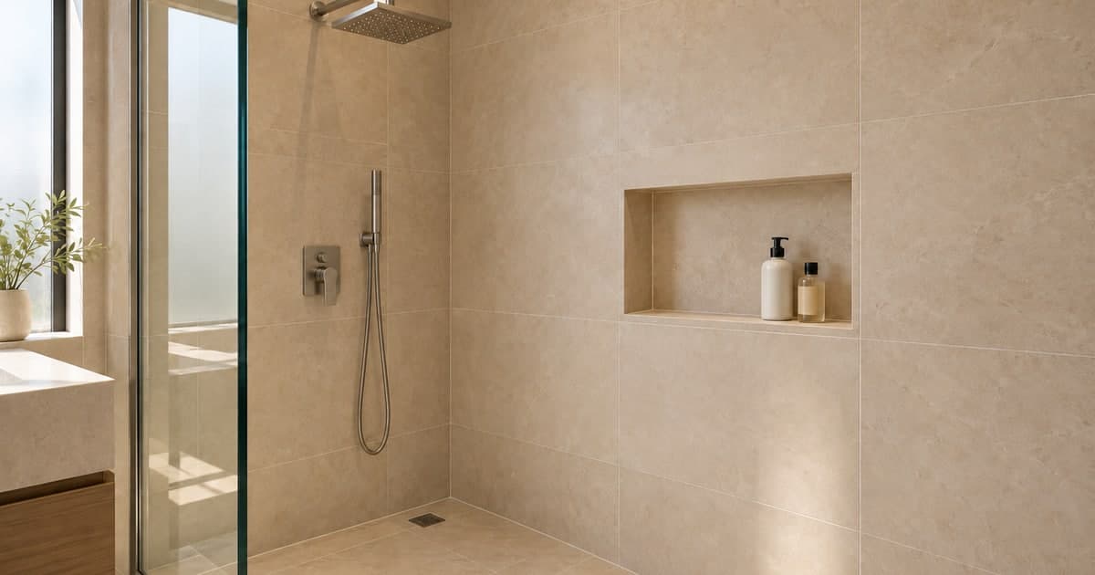 Recessed tiled shower niche beside a glass shower screen in a neutral bathroom