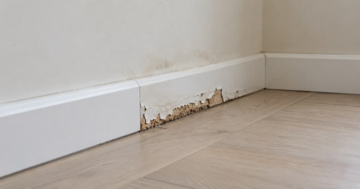 Swollen and flaking lower edge of white skirting beside a pale wood-effect floor