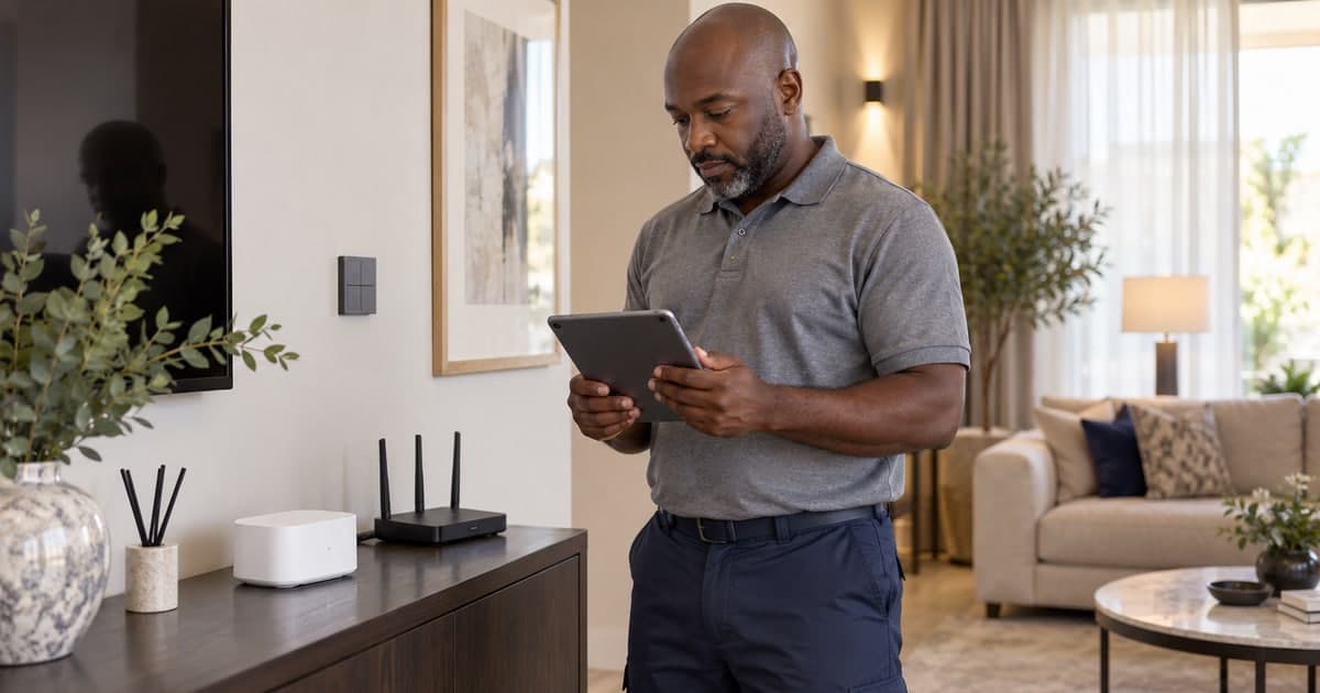Technician holding a tablet beside a home network router and gateway on a console