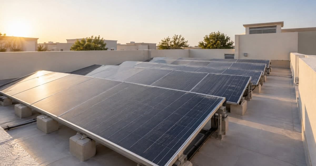 Rows of photovoltaic panels on a flat villa roof with a side access route