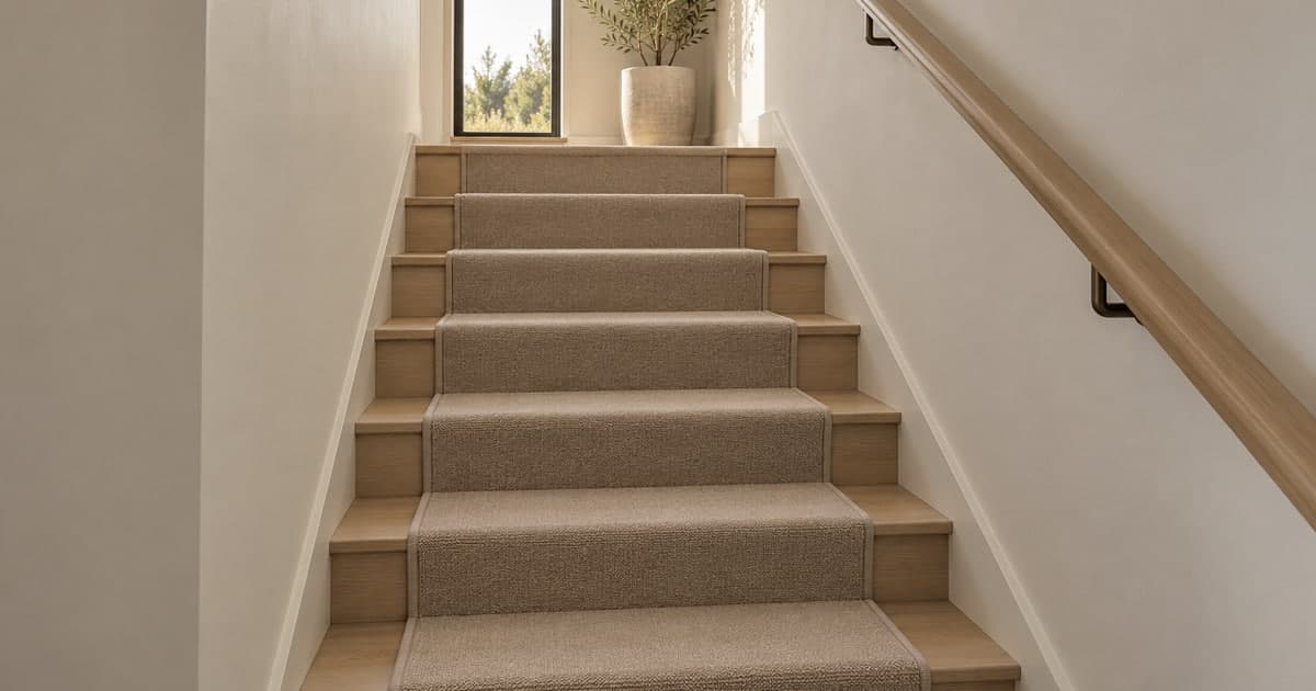 Neutral carpet runner fitted centrally on straight timber stairs
