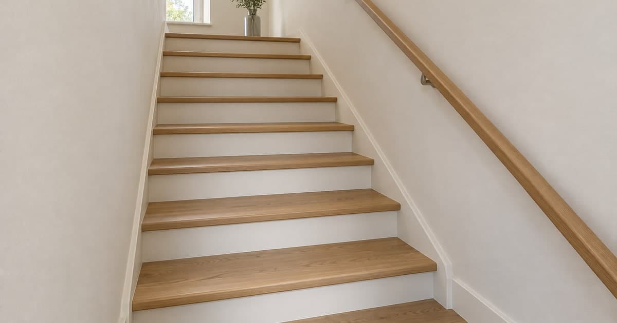 Straight staircase with timber treads, light risers and a continuous handrail