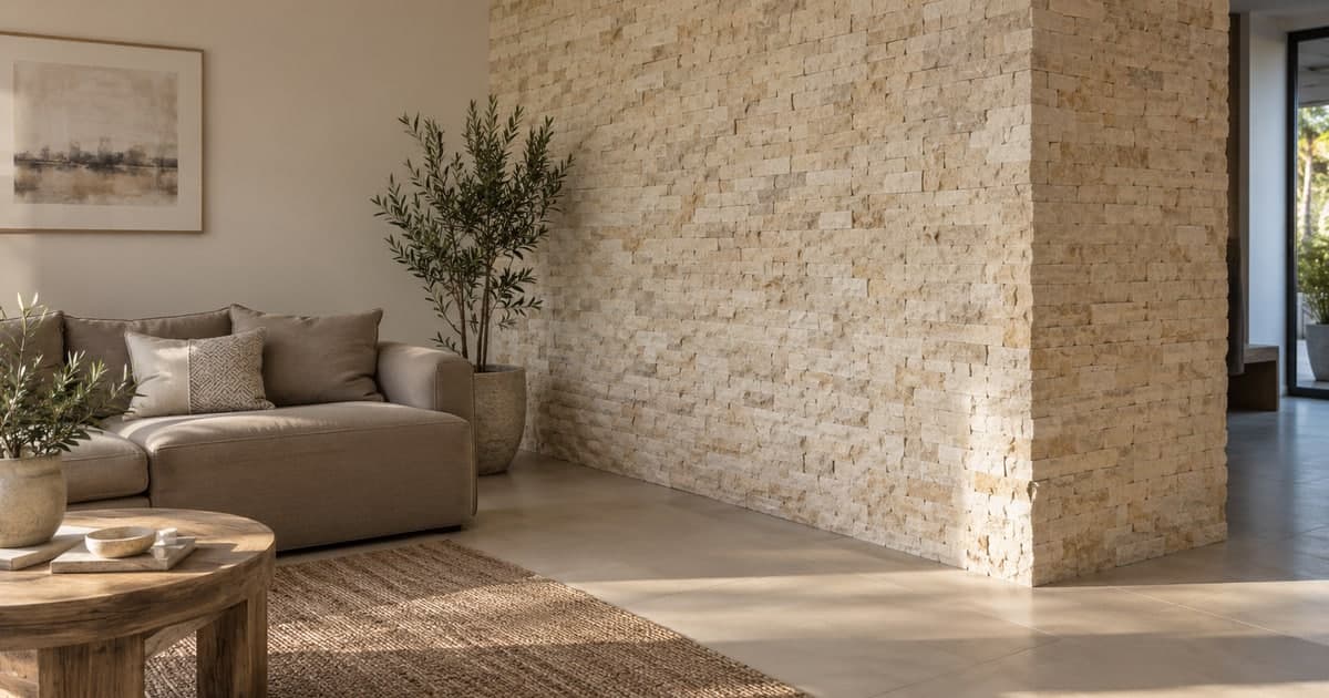 Cream natural-stone feature wall with a corner return in a villa living room