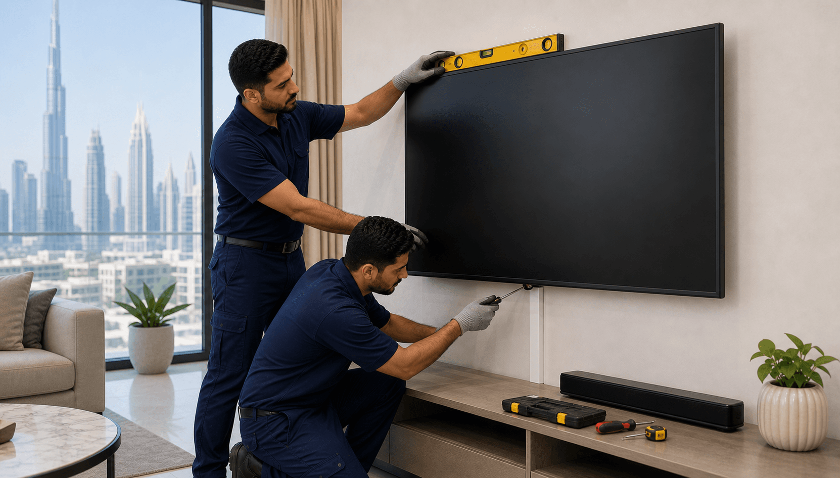 TV Mounting Dubai Cost Guide 2026 - Dubai TV mounting can start from AED 79-150, while large TVs, bracket supply, wall type and cable concealment can raise the quote.