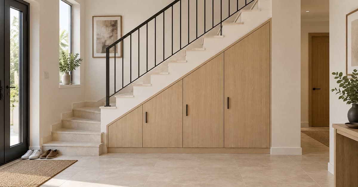 Pale oak cupboards fitted beneath an internal staircase with a clear villa hallway in front