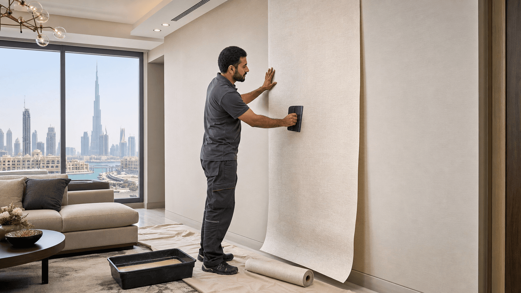 Wallpaper Dubai Cost Guide 2026 - Dubai wallpaper costs depend on roll price, wall area, removal, wall prep, pattern matching, glue, trimming and installer labour.