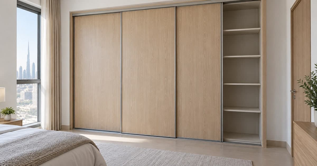 Sliding wardrobe panels and an open storage bay in an apartment bedroom