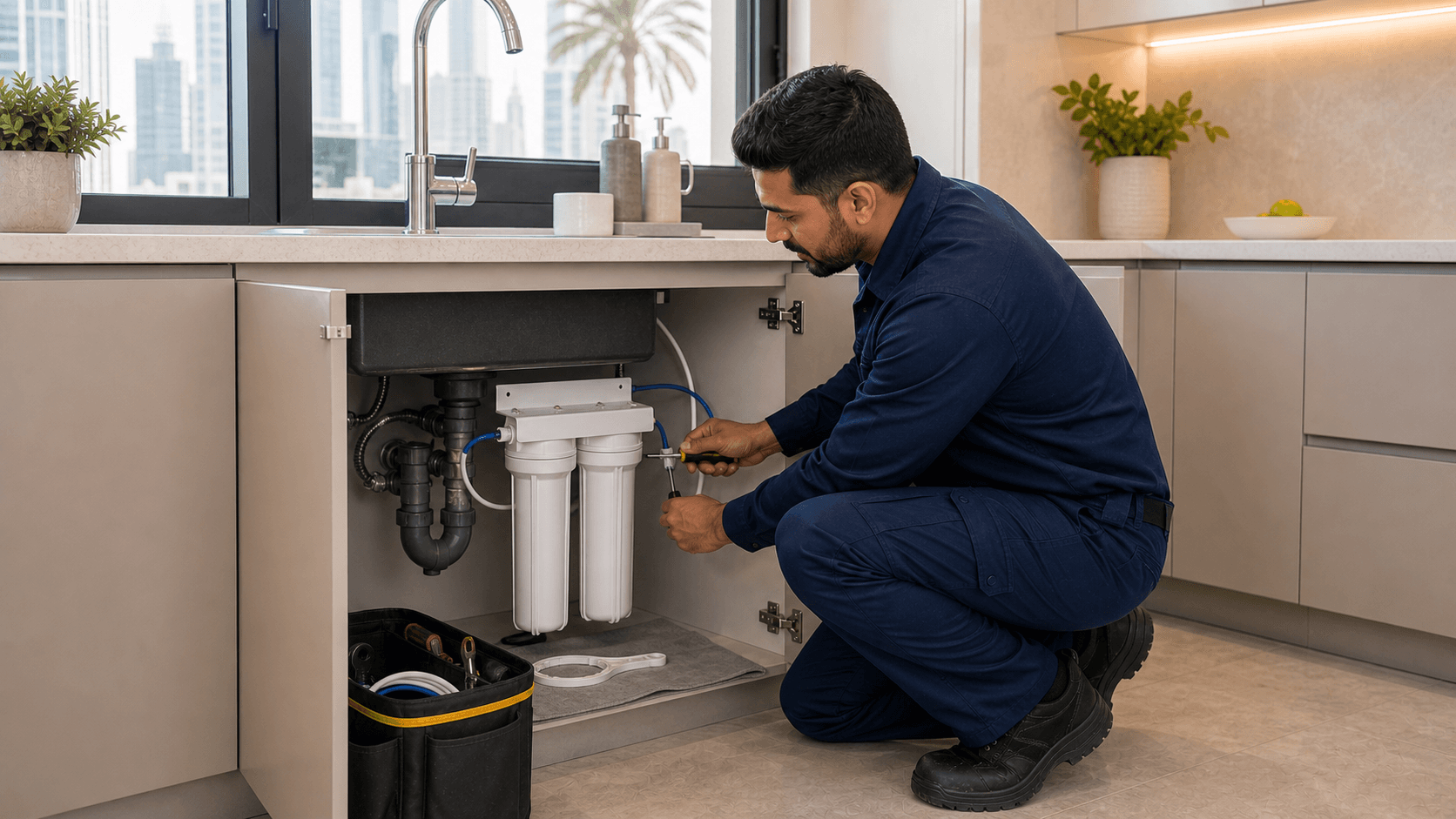 Water Filter Installation Dubai Cost Guide 2026 - Dubai under-sink filter installs often range AED 150-800+ before unit cost; whole-villa pump-room systems need higher site quotes.