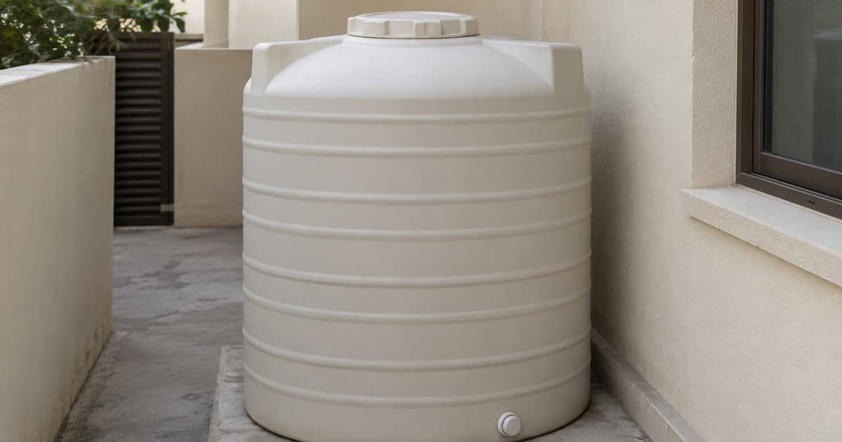 Closed domestic water-storage tank in a shaded villa service area