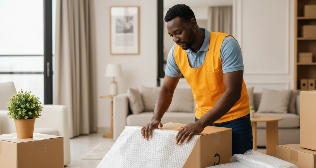 Movers packing household items into correctly sized cartons in a Dubai home